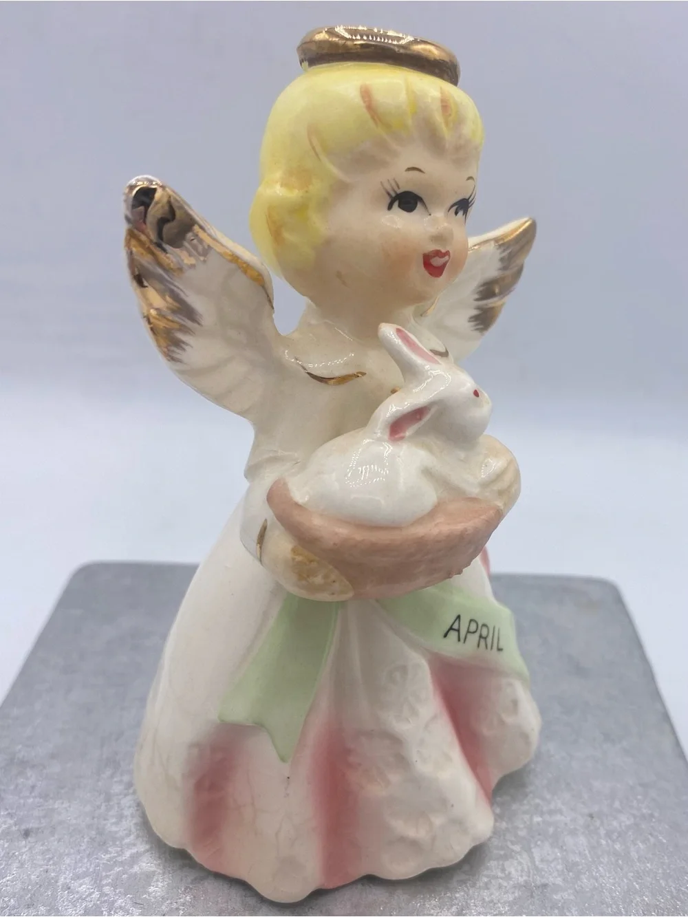 Vintage Japanese April Angel With Bunny Figurine Easter Holiday Collectible